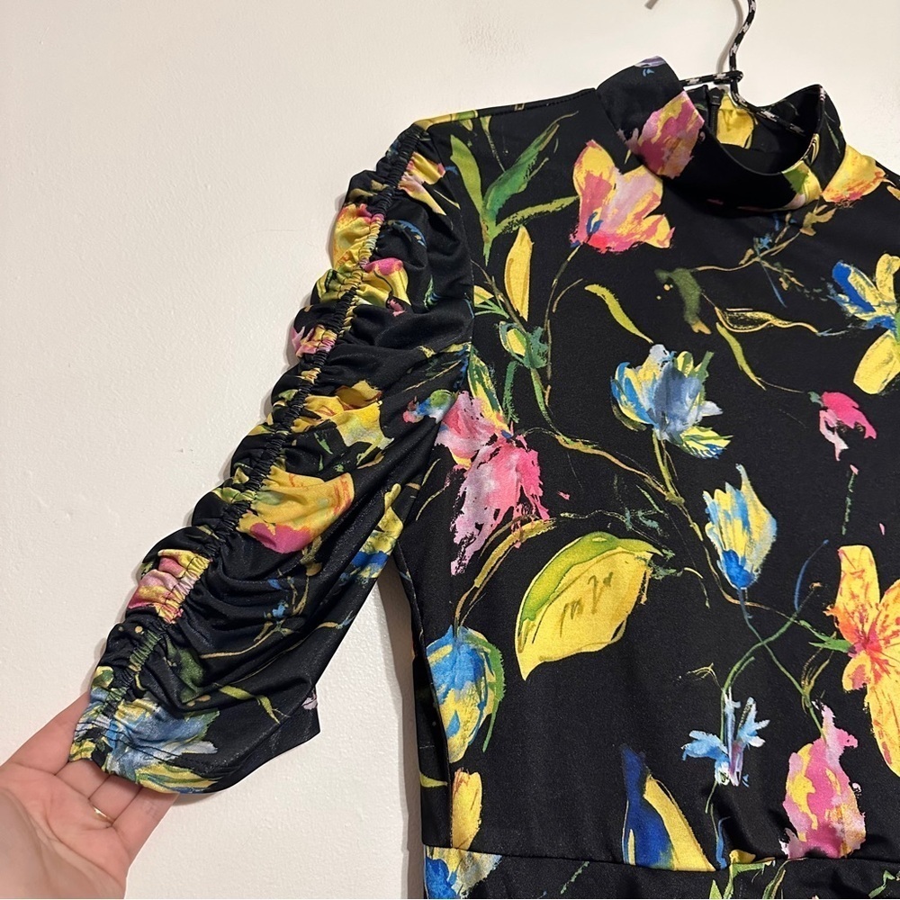 Black Halo Otto Ruched Mockneck Mini Dress in Vibrant Floral Size 6 Black - Picture 5 of 8